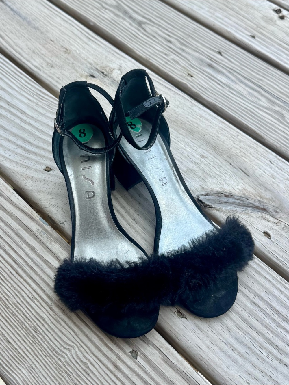 Unisa Black Faux Fur Open-Toe Ankle Strap Heels